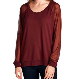 Attention Burgundy Sheer Long Sleeve Sweater Womens Minimalist Solidcore Top